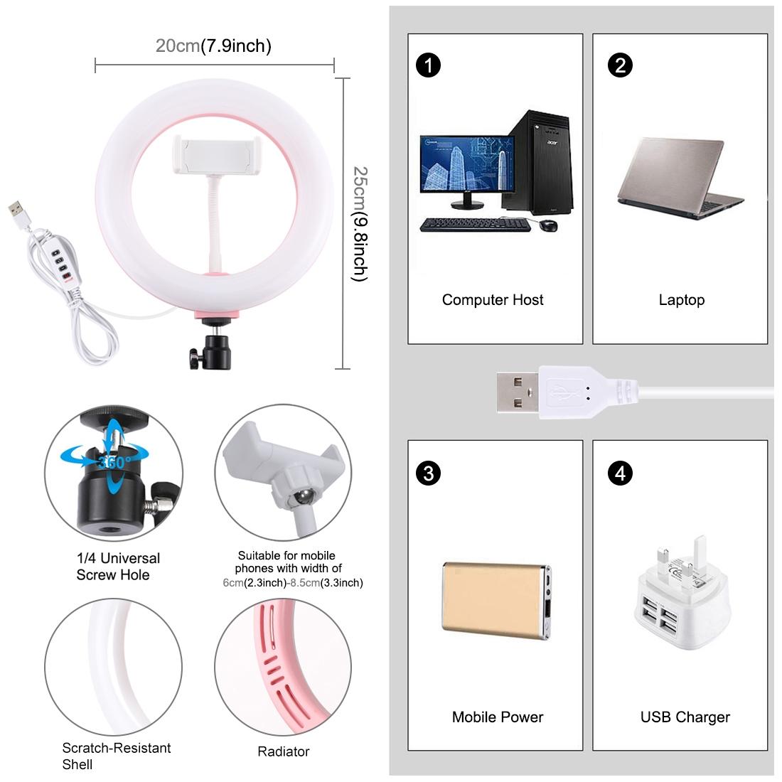 20cm Usb Dual Colour Led Ring Light with Phone Clamp - Pink 4