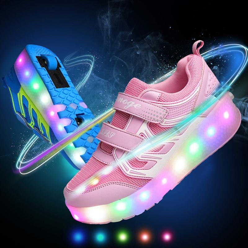 Rechargeable Double Wheel Roller Skating Shoes - Size 37 Ultra Light Mesh Surface - Pink