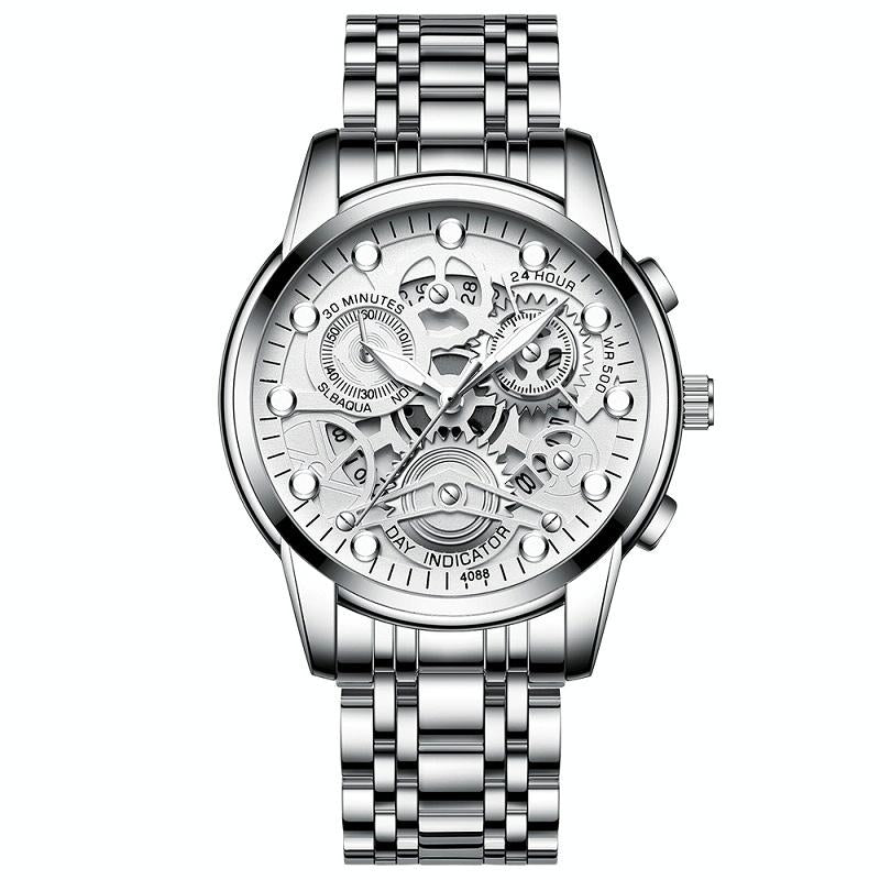 Waterproof Luminous Men Quartz Watch - Hollow Design - White Steel White Surface