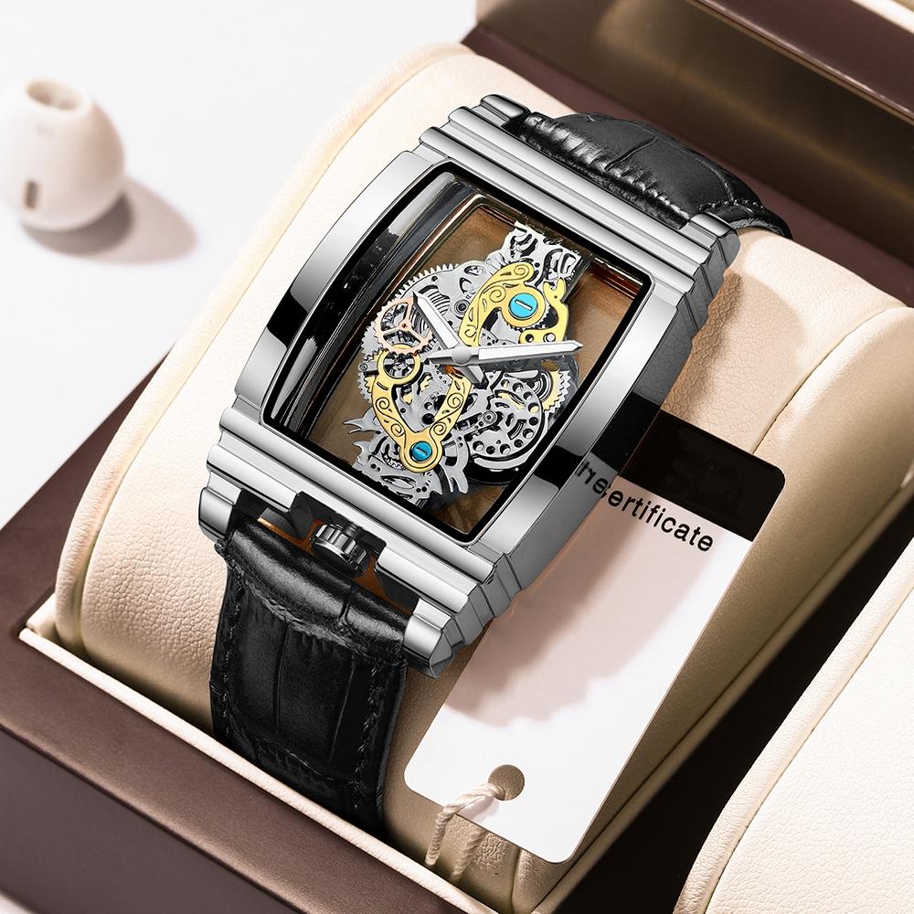 Waterproof Luminous Business Watch for Men - Gear Hollow Outdoor - Black Leather White Steel 10