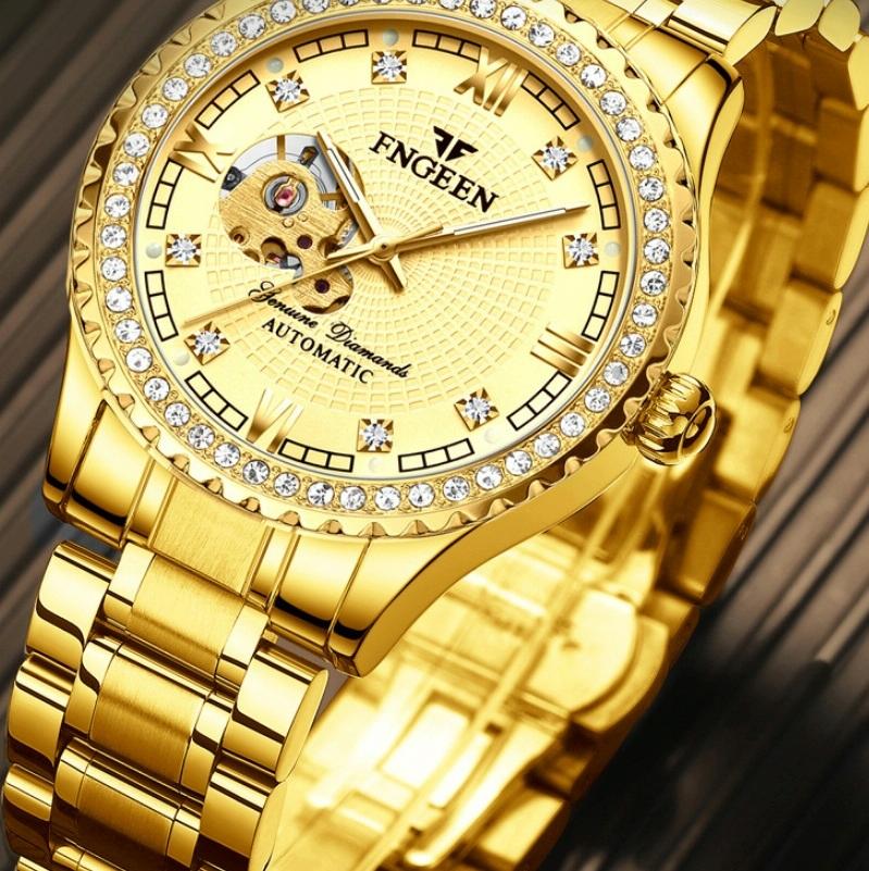Gold Automatic Mechanical Watch with Diamond Accents for Men 5