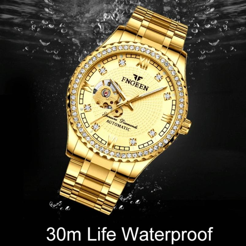 Gold Automatic Mechanical Watch with Diamond Accents for Men 7