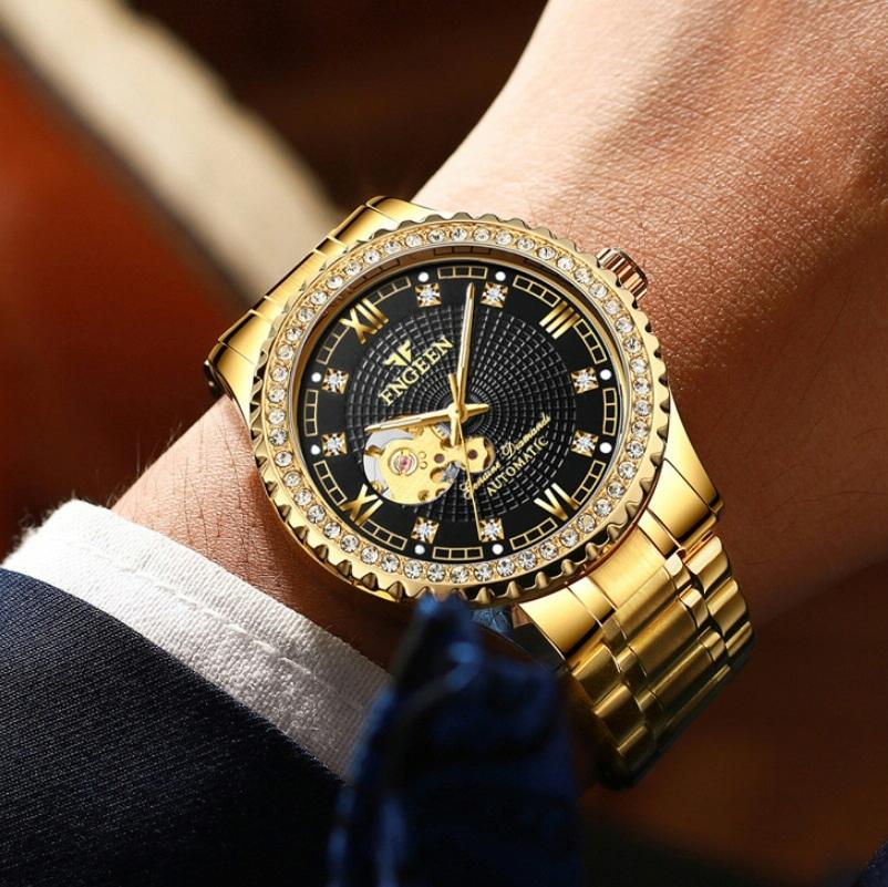 Gold Automatic Mechanical Watch with Diamond Accents for Men 8
