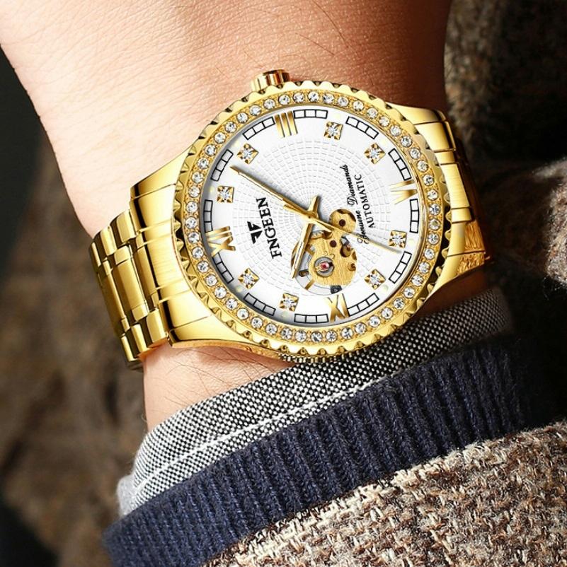 Gold Automatic Mechanical Watch with Diamond Accents for Men 9