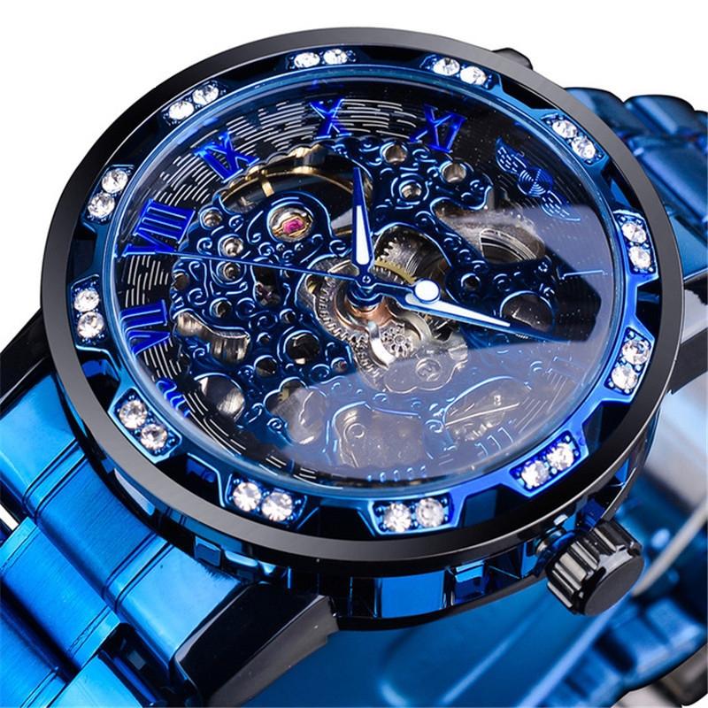 Men Skeleton Diamond Mechanical Watch - Luminous Pointer - Gold Belt Gold Shell Gold Face