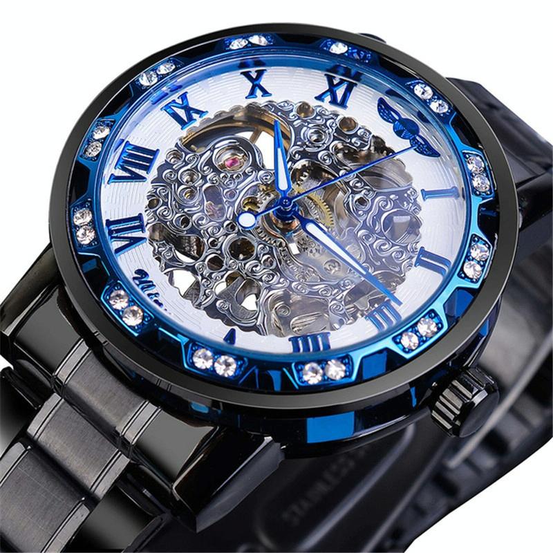 Men Skeleton Diamond Mechanical Watch - Luminous Pointer - Gold Belt Gold Shell Gold Face
