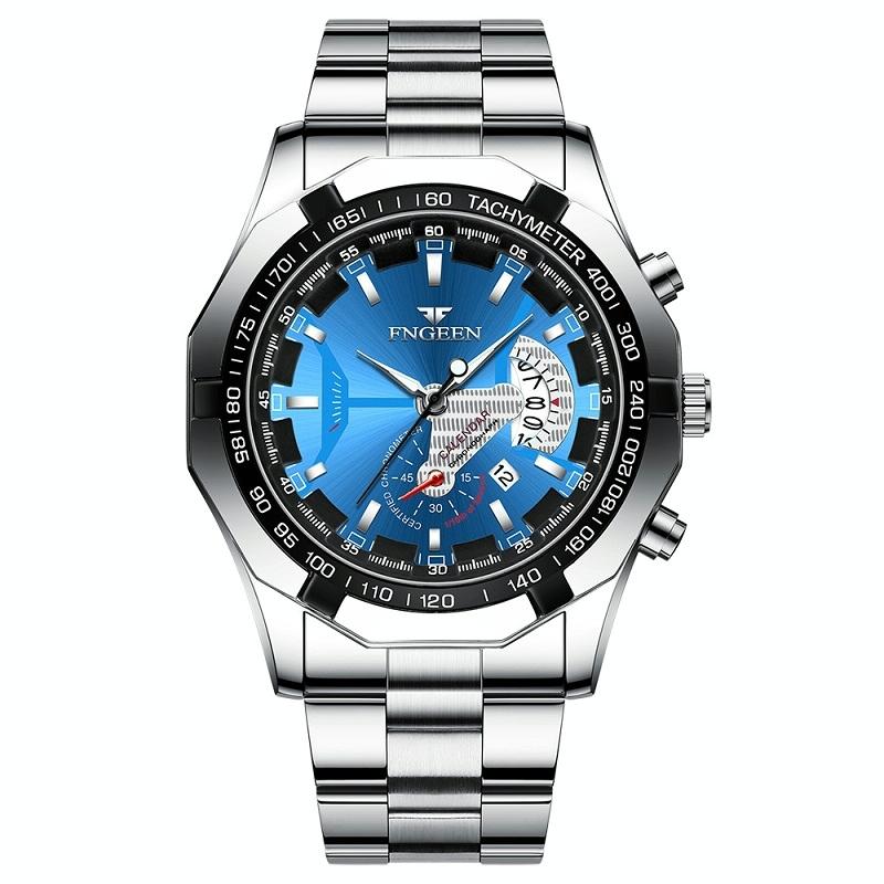 Waterproof Men Calendar Watch - White Steel Blue Surface