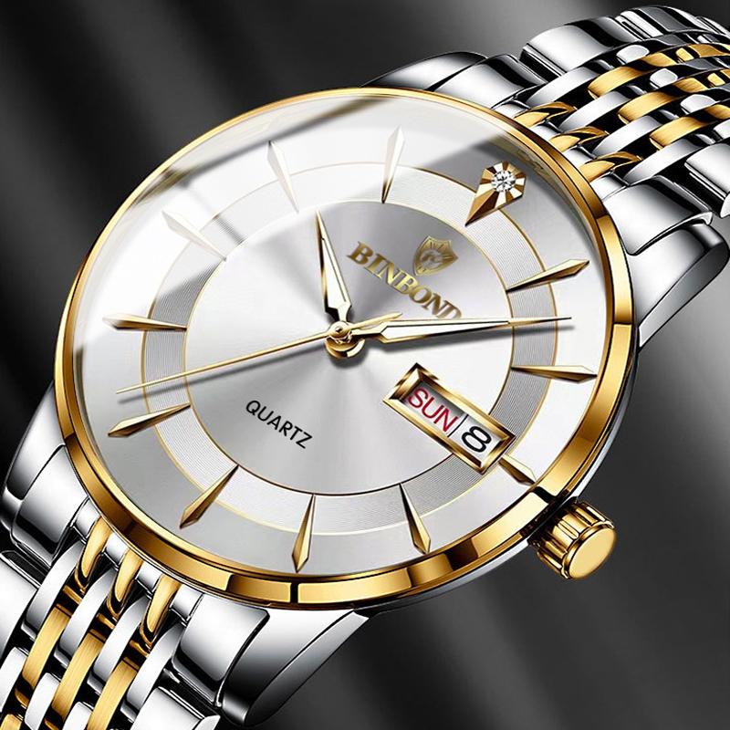 Waterproof Quartz Men Watch with Luminous Butterfly Buckle and Steel Belt - 30m - Inter-Gold-Gold 4
