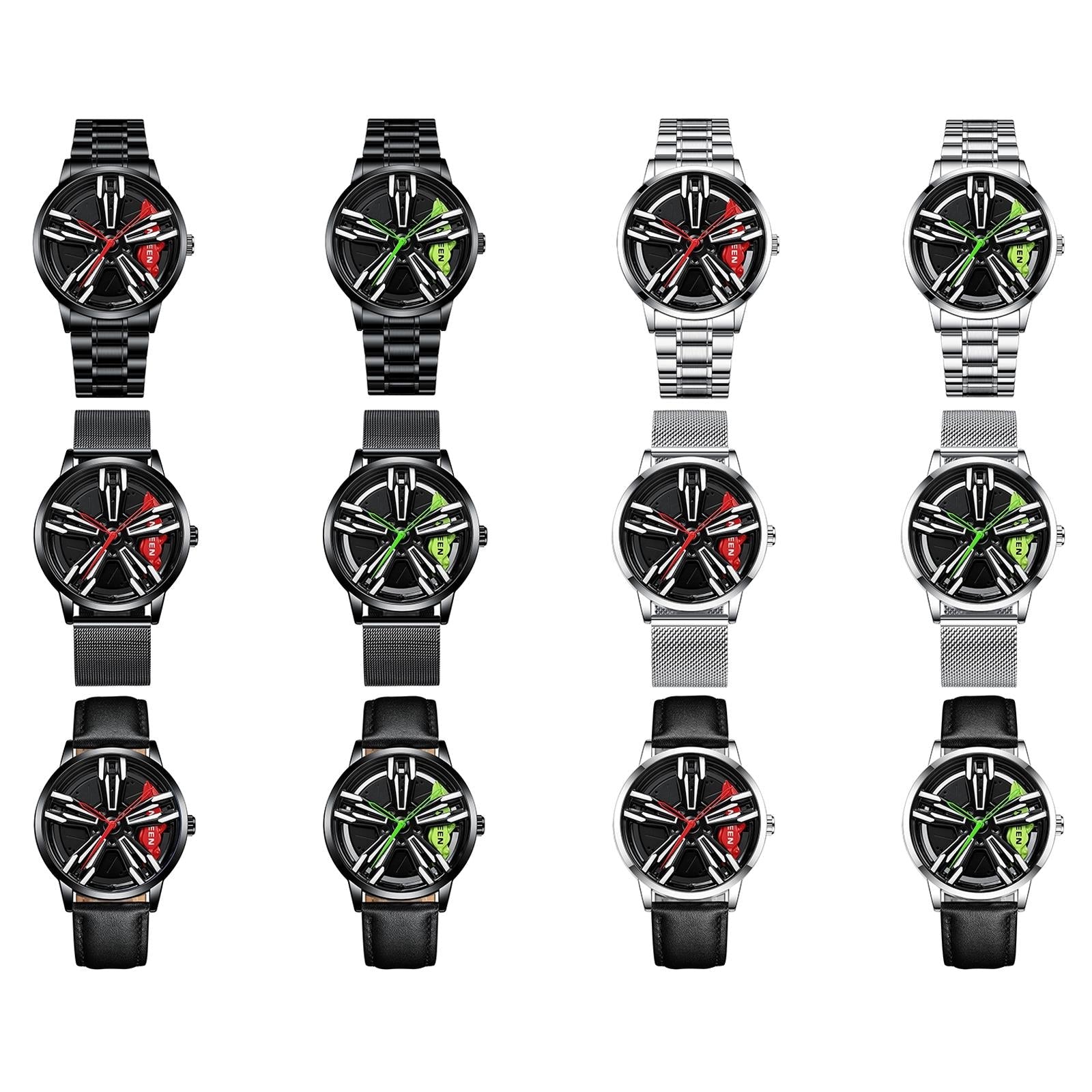 Men Metal Motorcycle Watch with Rotating Hub - White Net White Steel Red Surface 3