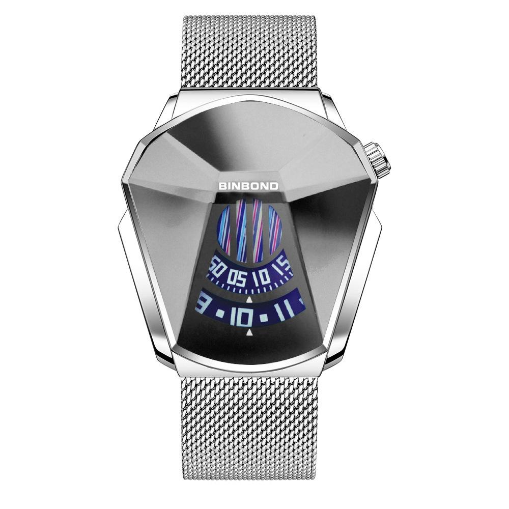 Men Diamond Dial Quartz Watch - Locomotive Concept - White Mash White Steel White Surface