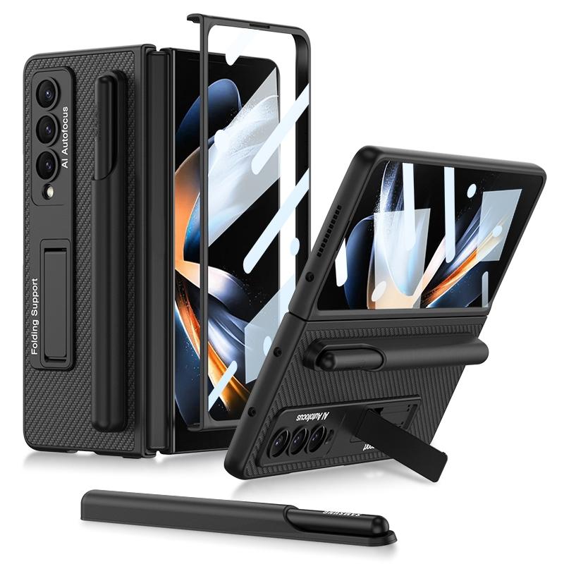 For Samsung Galaxy Z Fold4 5G Leather Case With Holder & Pen Slots - Thin & Shockproof - Cross Texture