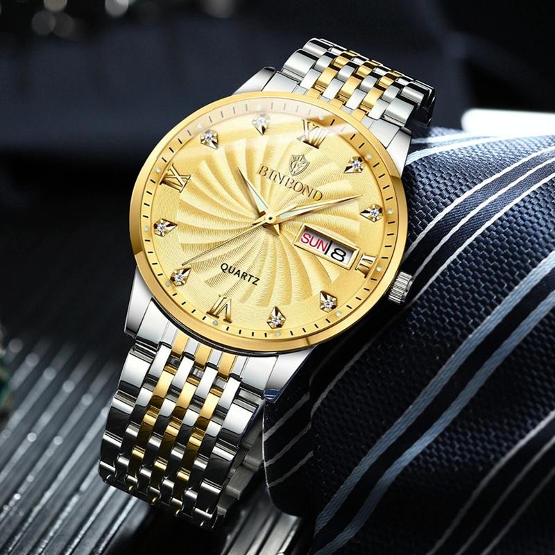 Waterproof Business Men Quartz Watch with Butterfly Buckle and Luminous Dial - 30m - Inter-Gold-Gold