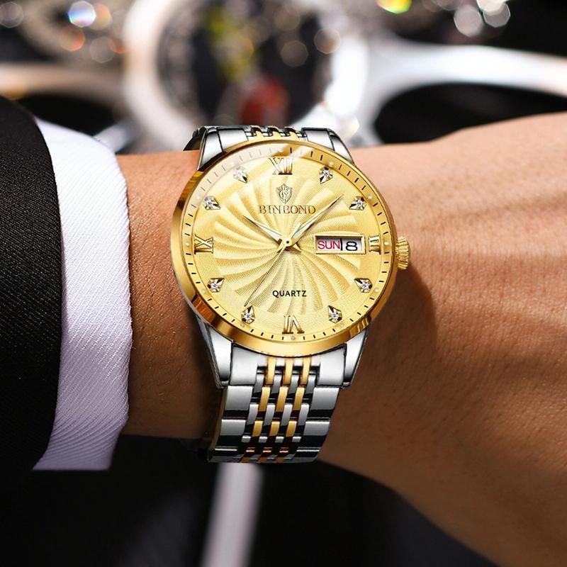 Waterproof Business Men Quartz Watch with Butterfly Buckle and Luminous Dial - 30m - Inter-Gold-Gold 7