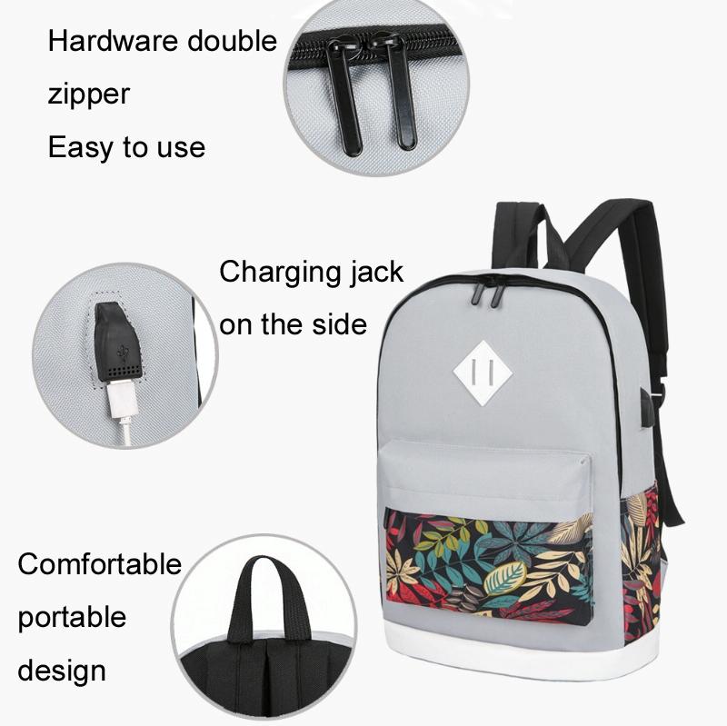 Versatile Student Backpack with Usb Port - College Style - Leaf Black 7