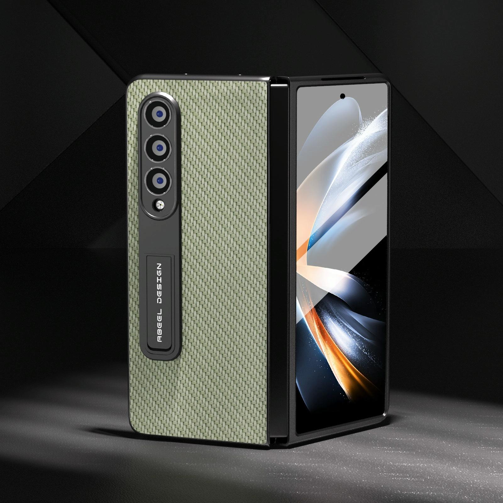 For Samsung Galaxy Z Fold4 5G Carbon Fiber Phone Case With Holder - Black 3