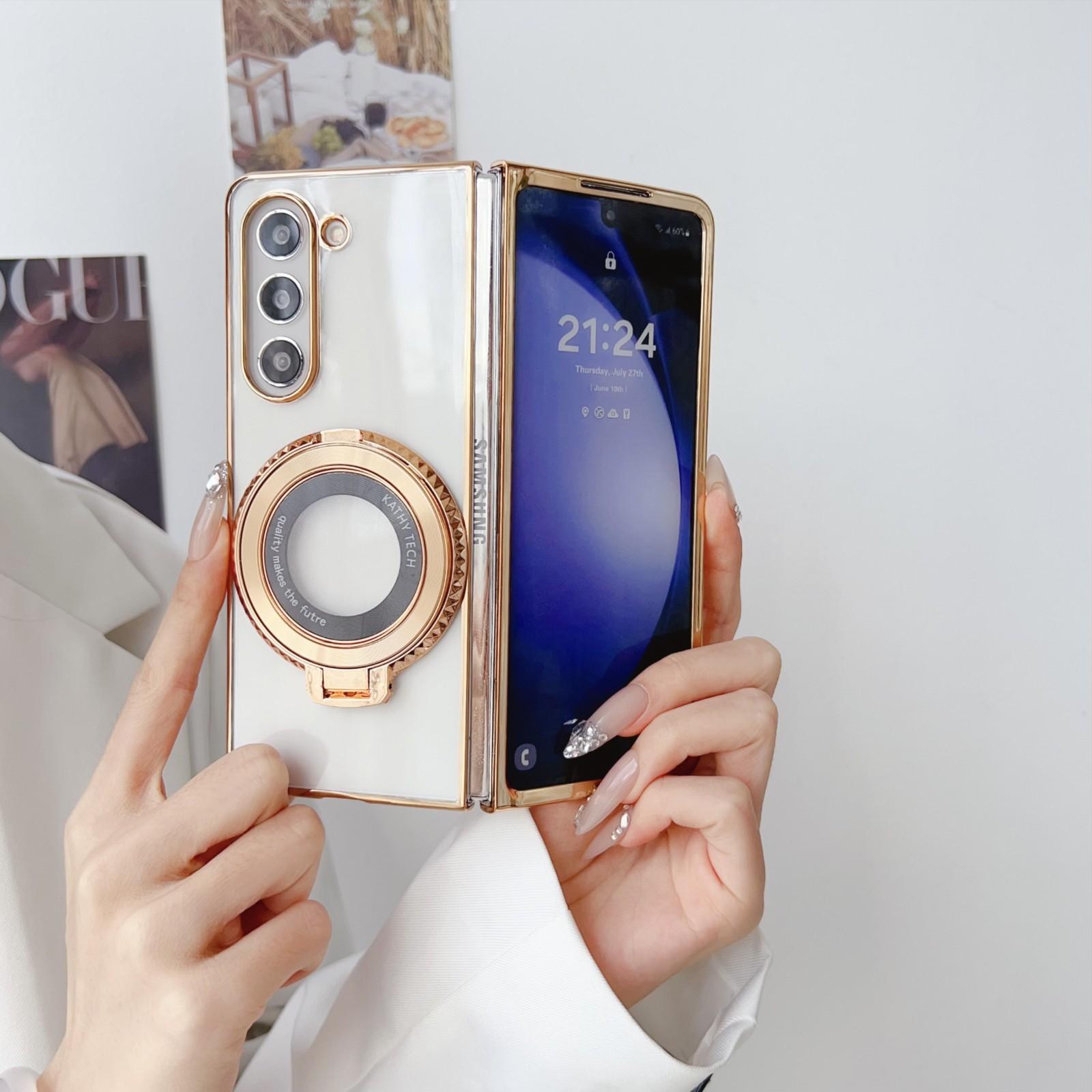 For Samsung Galaxy z Fold4 5G Shockproof Magsafe Holder for Rotating Plating Phone Case - Gold 3
