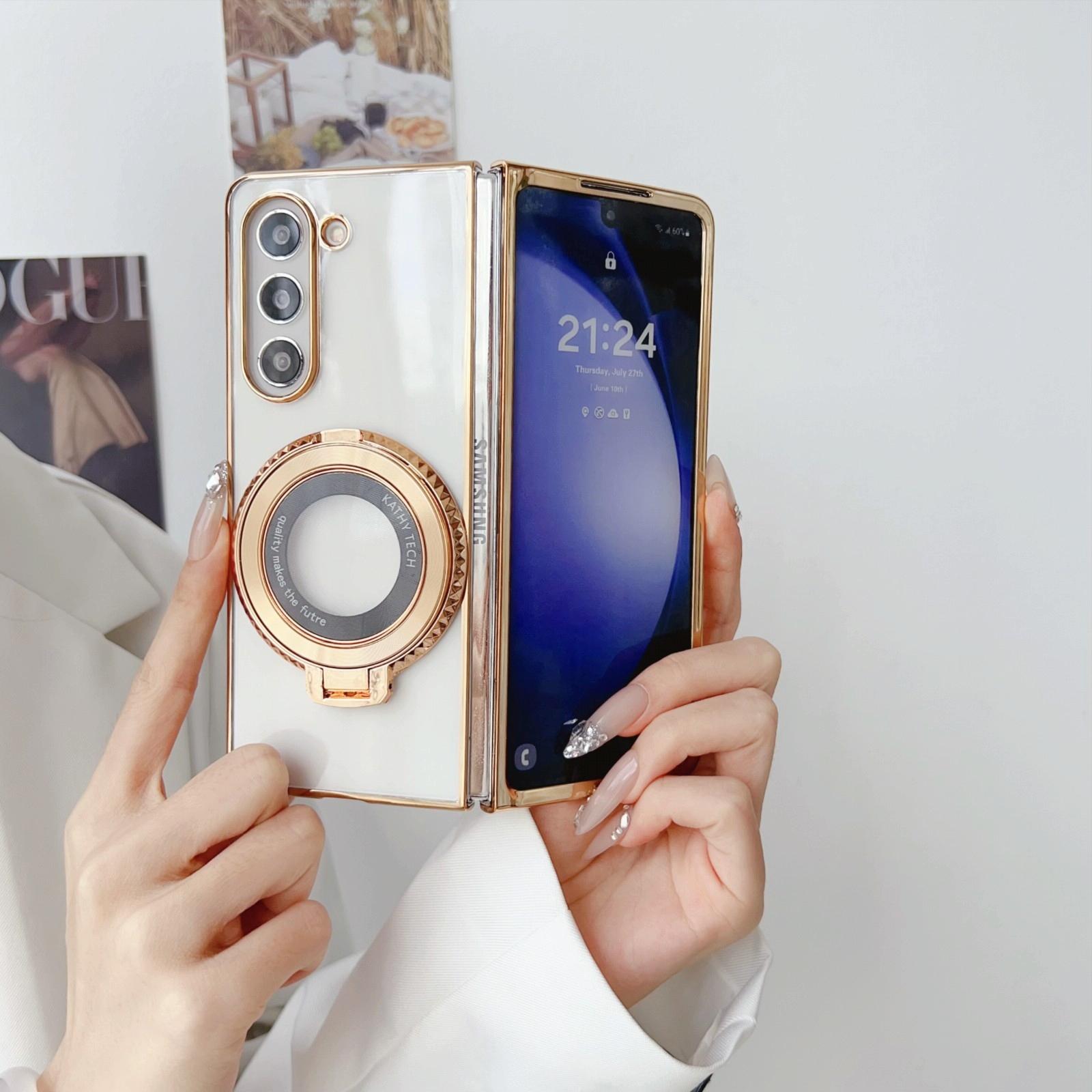 For Samsung Galaxy z Fold4 5G Shockproof Magsafe Holder for Rotating Plating Phone Case - Gold 9