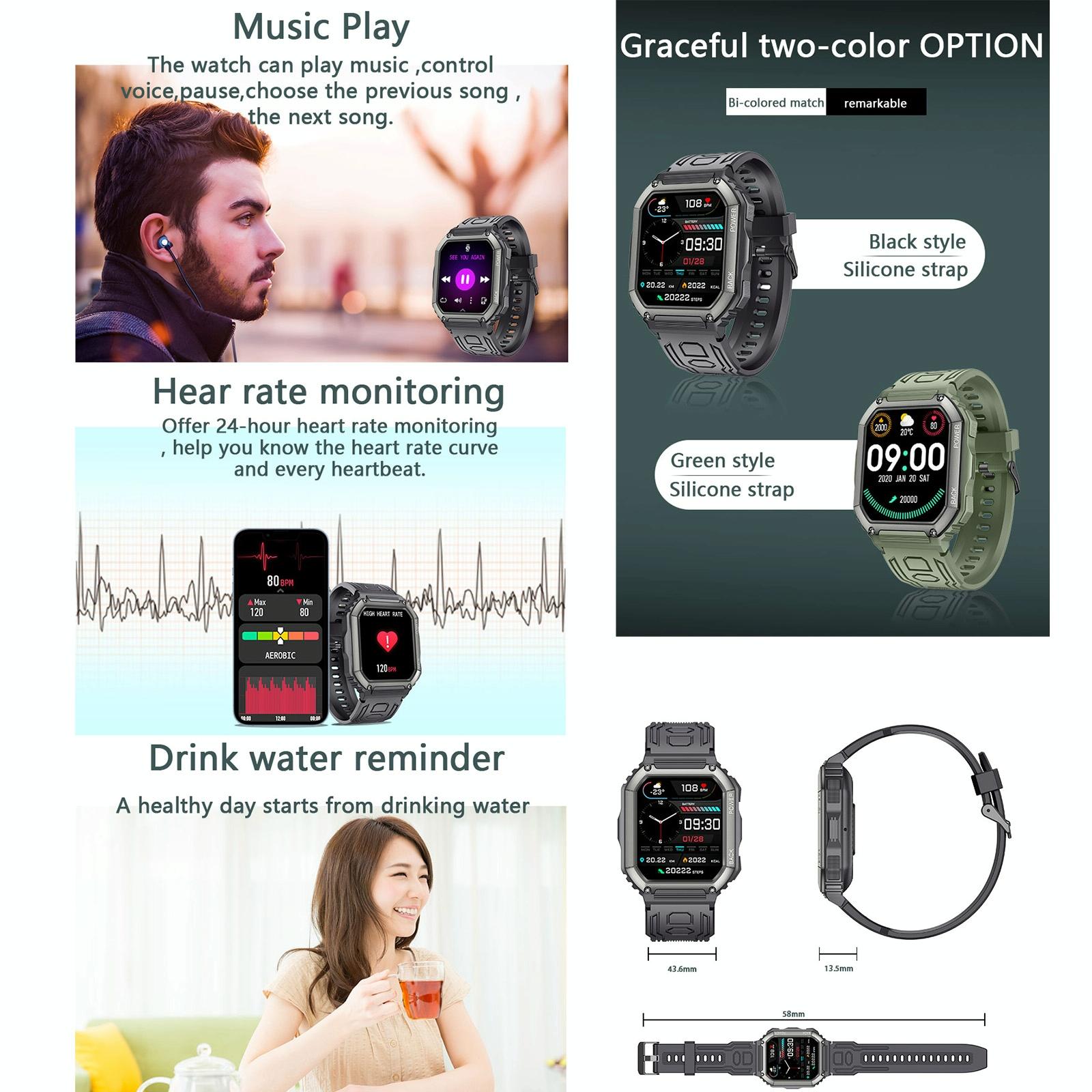 Waterproof Pedometer Sport Smart Watch Support Heart Rate / Blood Pressure Monitoring / Bt Calling - Green 6