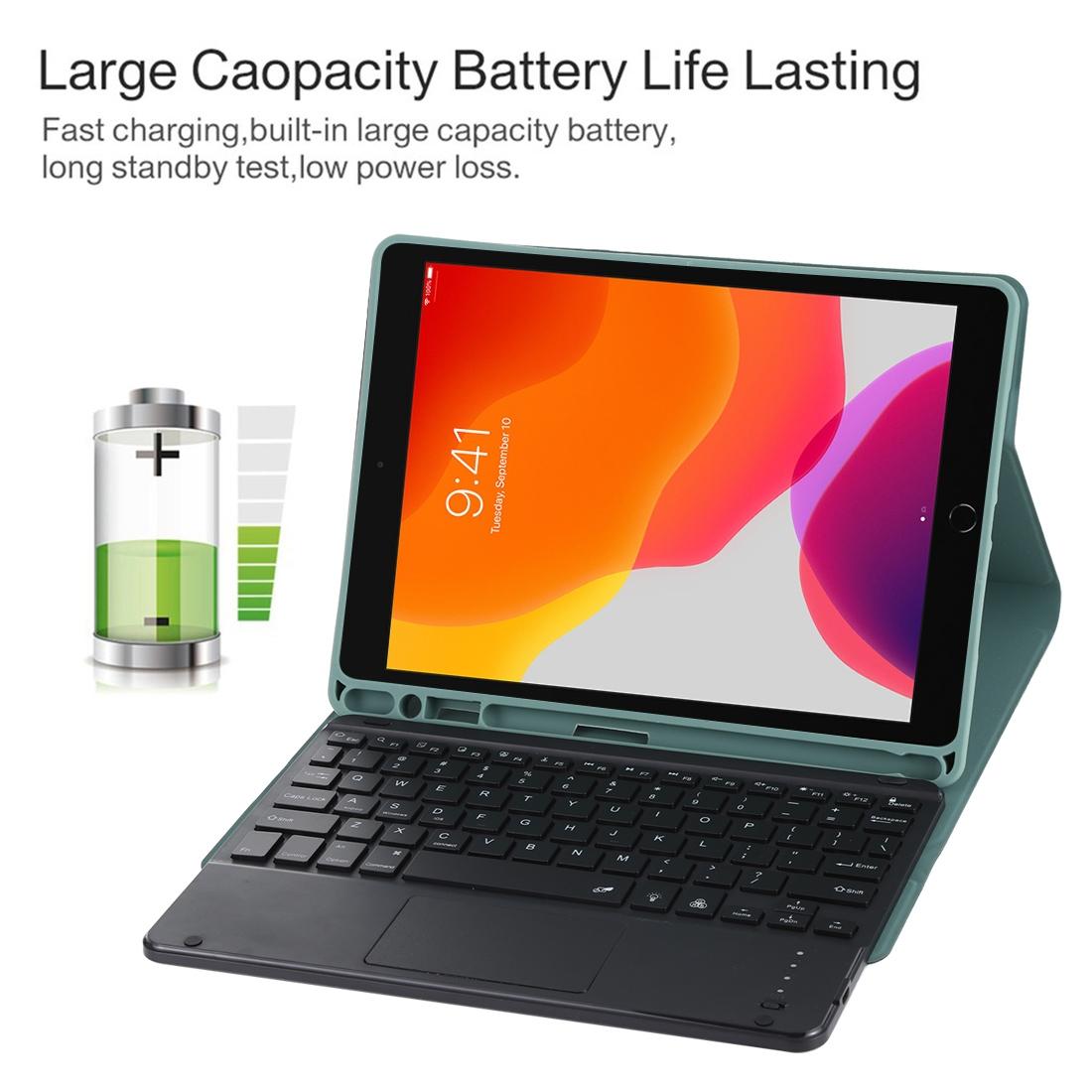 Bluetooth Tablet Case For Ipad 10.2 / Ipad Air 2019 With Touch Pad & Backlight & Pen Holder - Detachable Microfiber Leather - Dark Green 7