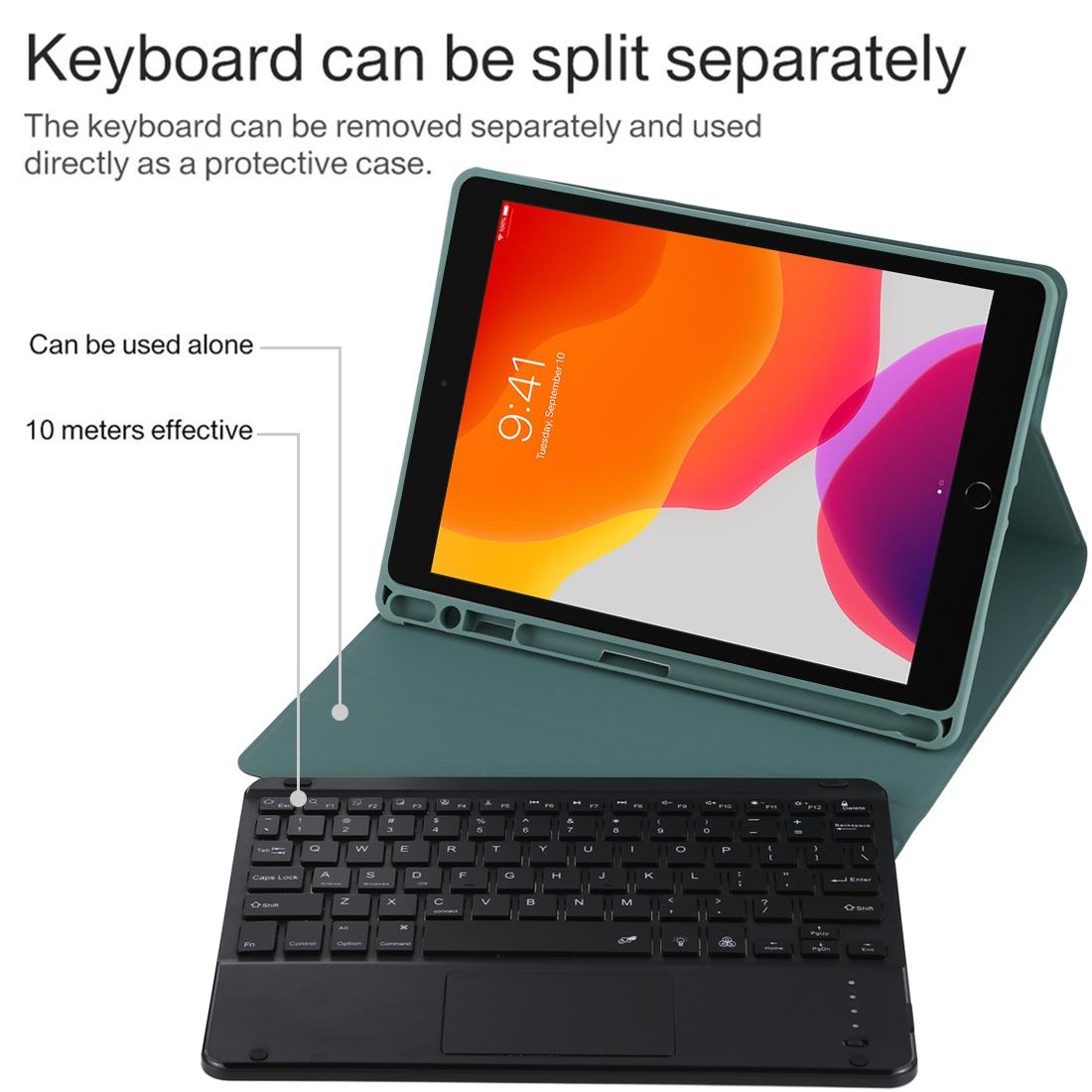 Bluetooth Tablet Case For Ipad 10.2 / Ipad Air 2019 With Touch Pad & Backlight & Pen Holder - Detachable Microfiber Leather - Dark Green 9