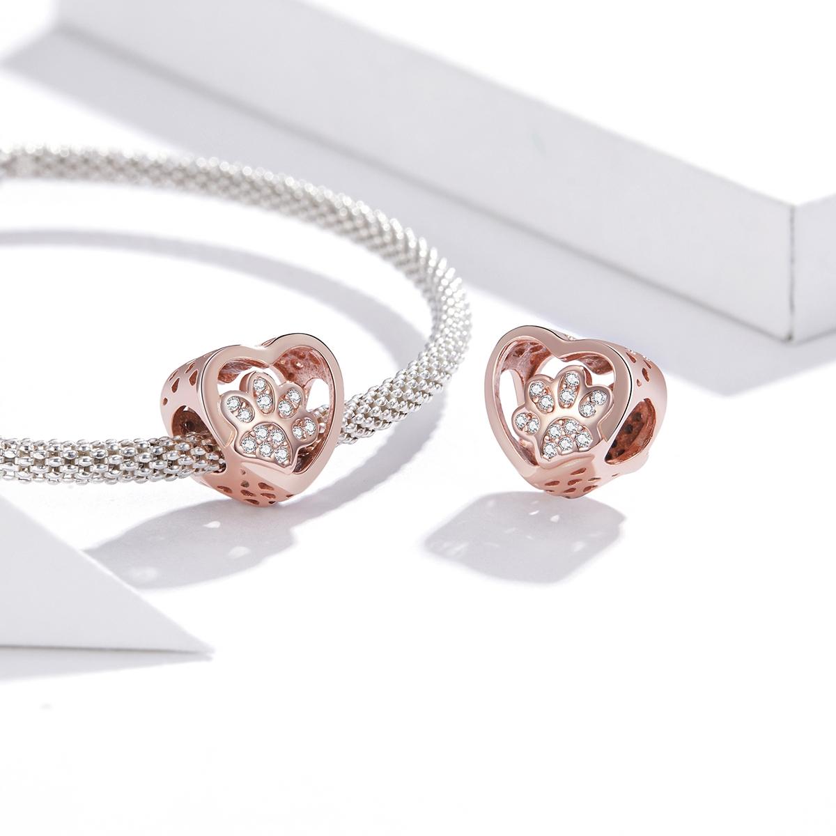 925 Sterling Silver Pet Paw Print Beaded Bracelet - Rose Gold 6