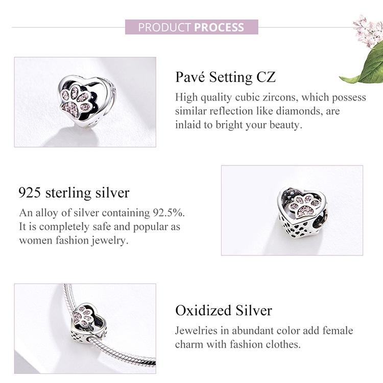 925 Sterling Silver Pet Paw Print Beaded Bracelet - Rose Gold 11