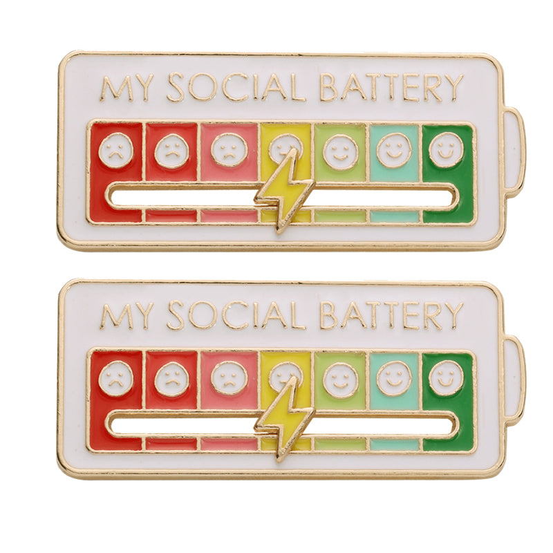 Vibe Geeks Creative Social Battery Energy Enamel Pins Mood Jewelry Brooches - White - 2 Pcs