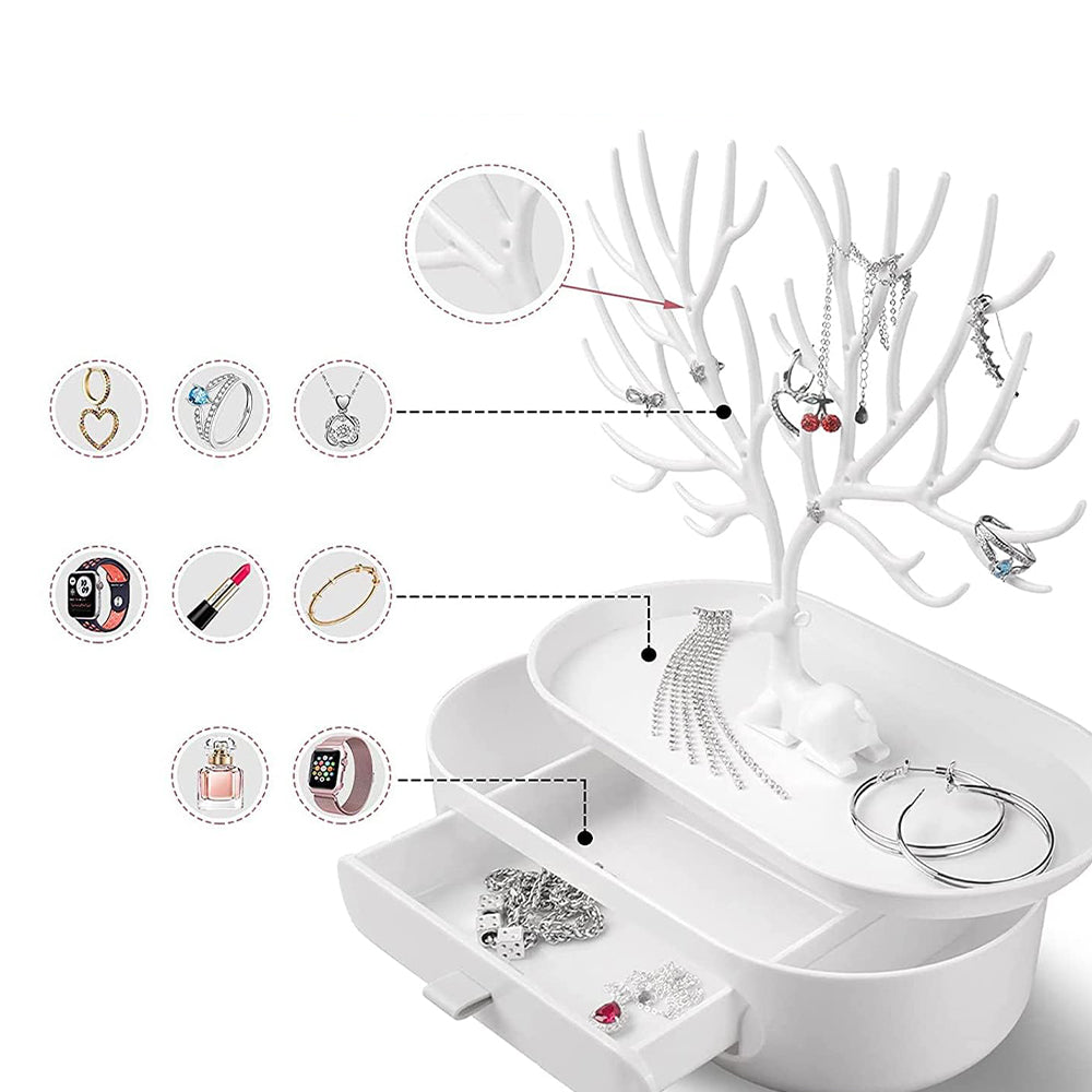 Vibe Geeks Antlers Tree Tower Jewelry Display Stand for Ring Earrings Necklace Bracelet - Green Drawer Model 11