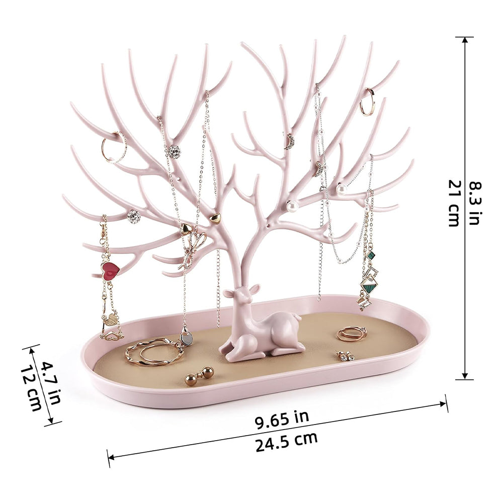 Vibe Geeks Antlers Tree Tower Jewelry Display Stand for Ring Earrings Necklace Bracelet - Pink Drawer Model 9