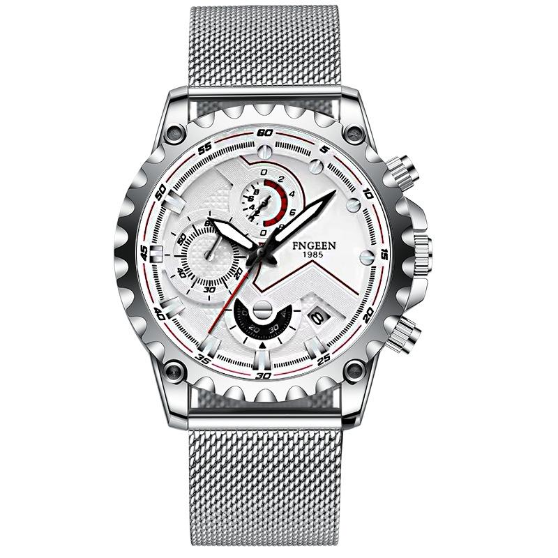Stainless Steel Waterproof Men Sports Watch - White Net White Shell Black Surface 14