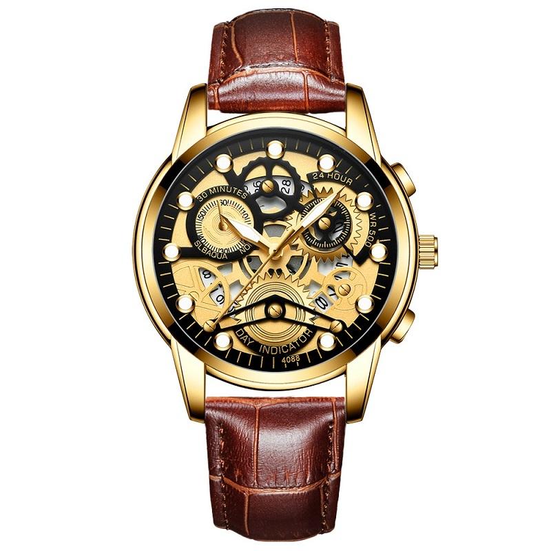 Waterproof Luminous Men Quartz Watch - Hollow Design - White Steel Black Surface
