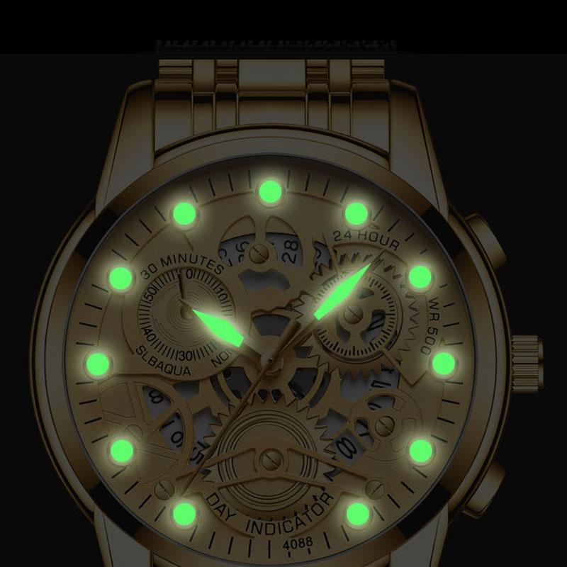 Waterproof Luminous Men Quartz Watch - Hollow Design - White Steel Black Surface 5