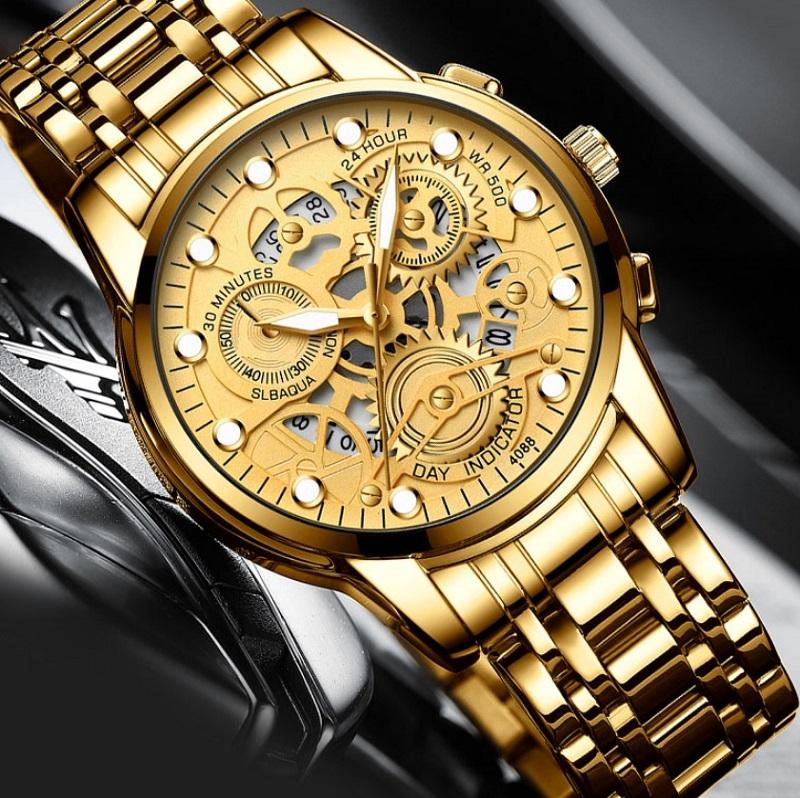Waterproof Luminous Men Quartz Watch - Hollow Design - White Steel Black Surface 6