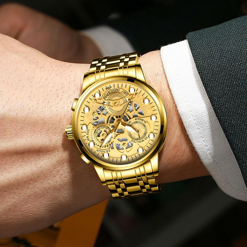 Waterproof Luminous Men Quartz Watch - Hollow Design - White Steel Black Surface 7