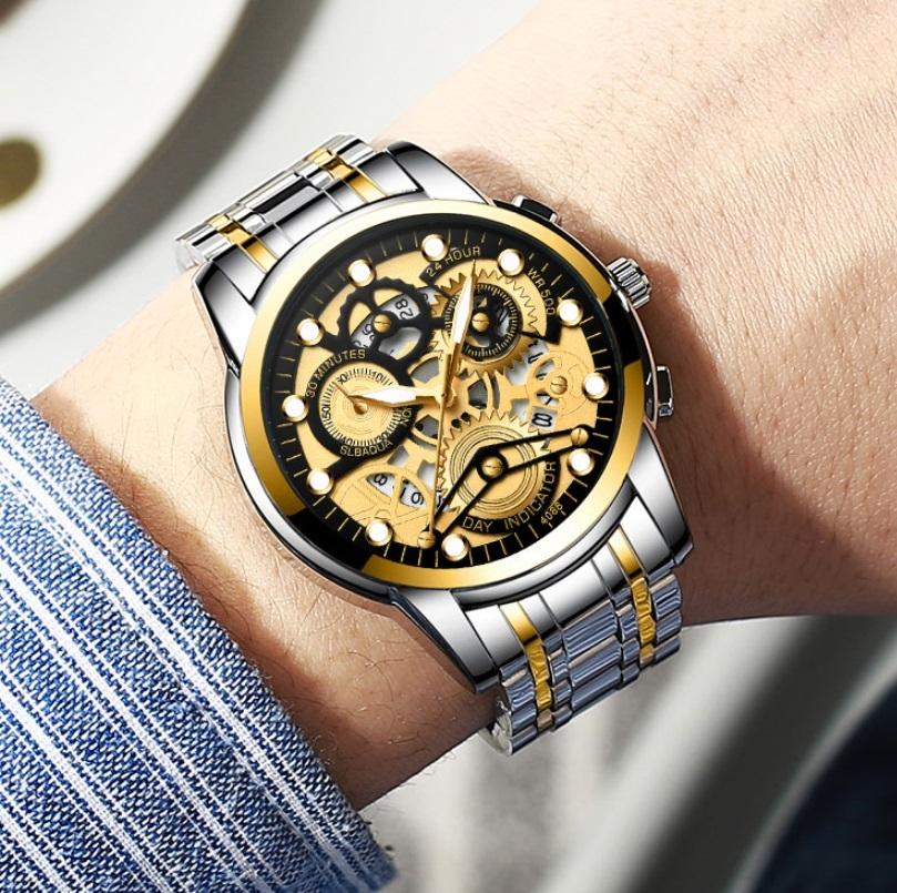 Waterproof Luminous Men Quartz Watch - Hollow Design - White Steel Black Surface 8