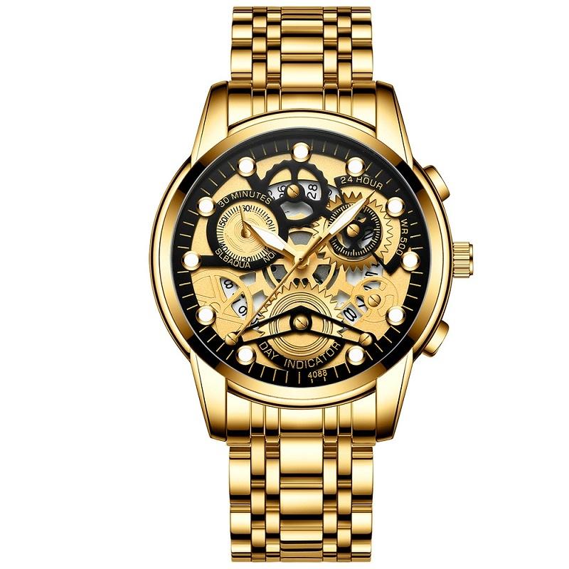 Waterproof Luminous Men Quartz Watch - Hollow Design - White Steel Black Surface 9