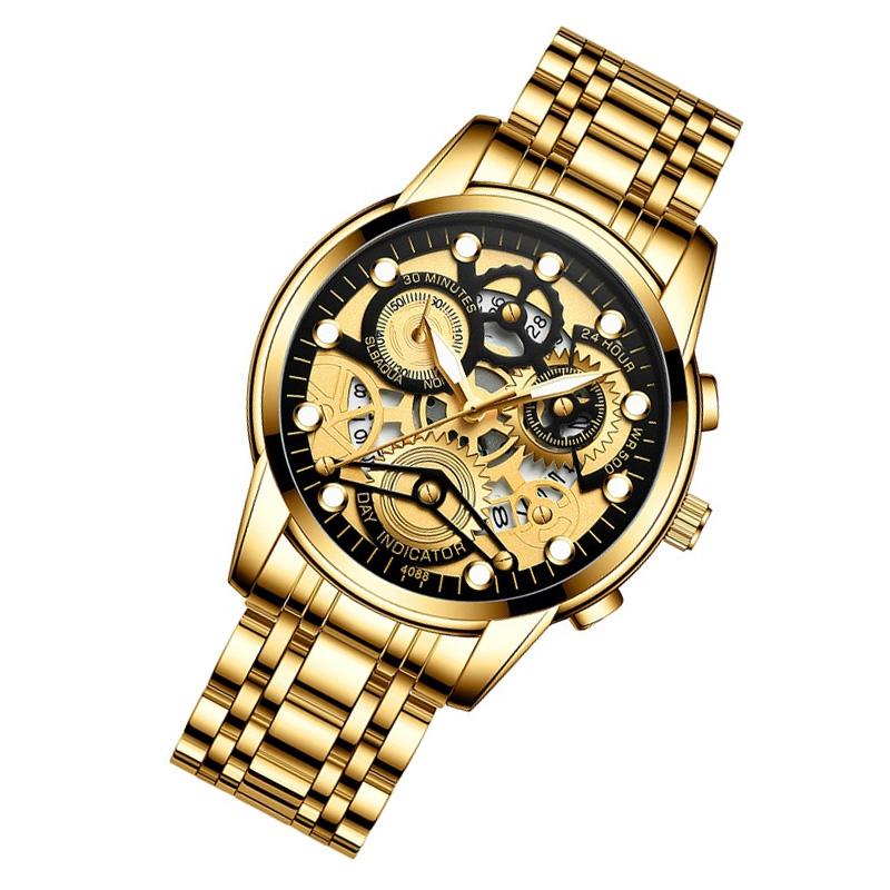 Waterproof Luminous Men Quartz Watch - Hollow Design - White Steel Black Surface 10