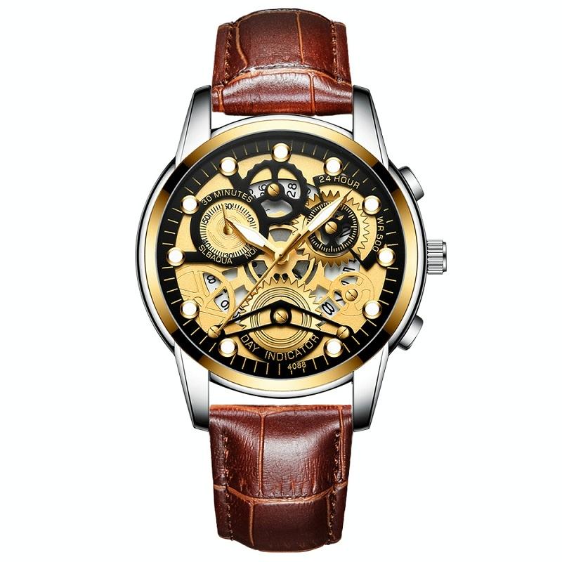 Waterproof Luminous Men Quartz Watch - Hollow Design - White Steel Black Surface 11