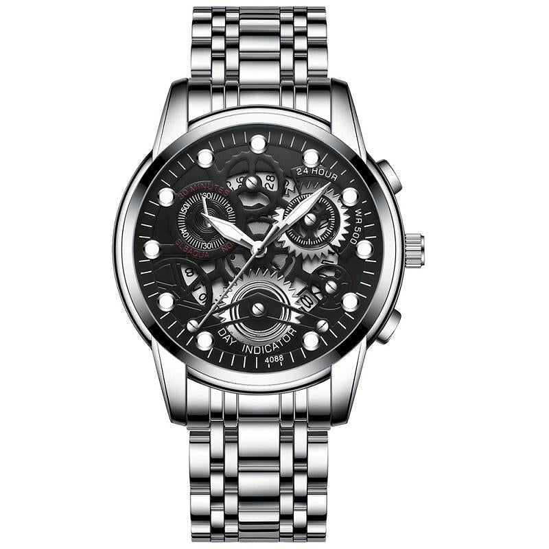 Waterproof Luminous Men Quartz Watch - Hollow Design - White Steel Black Surface 13