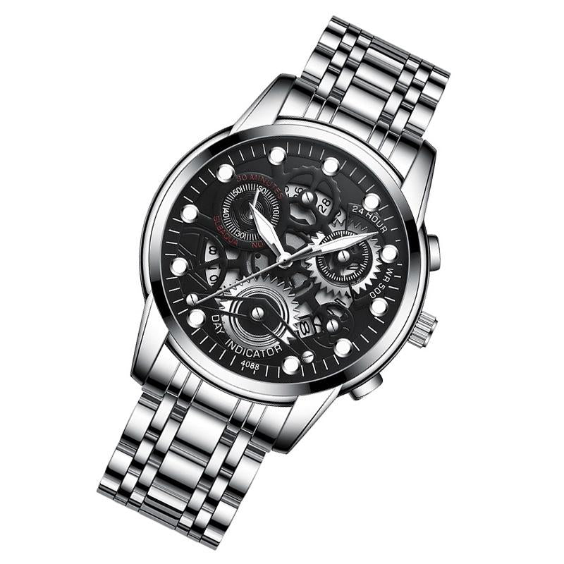 Waterproof Luminous Men Quartz Watch - Hollow Design - White Steel Black Surface 14