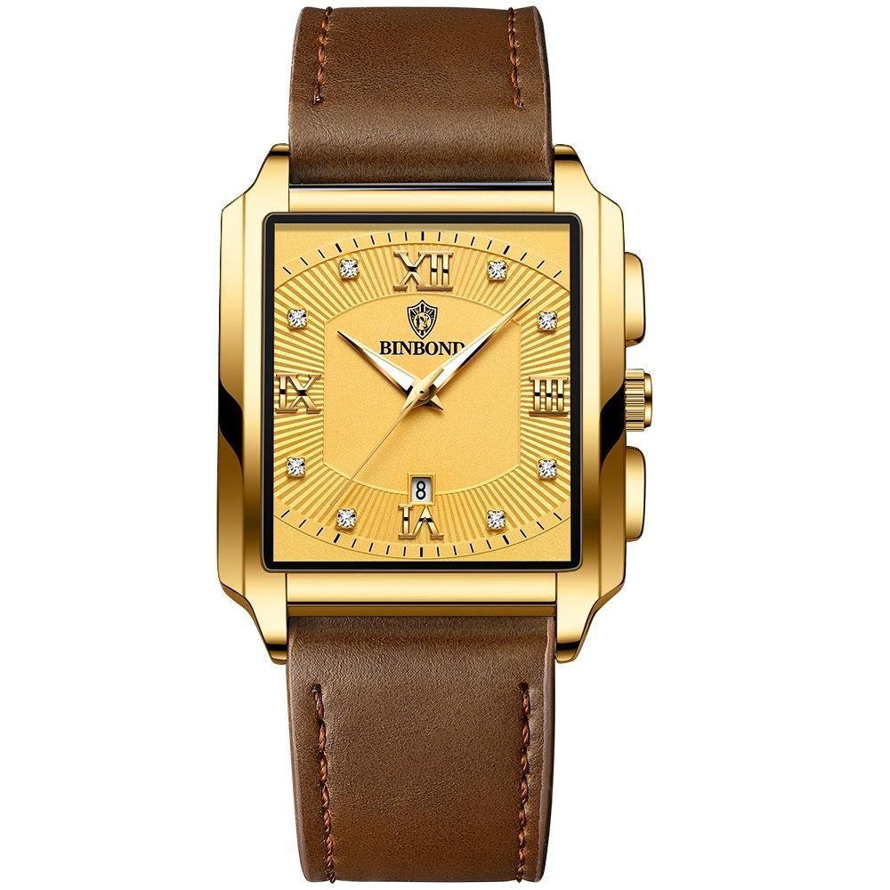 Waterproof Men Quartz Watch - Rectangular Outdoor Design - Brown Leather-Full Gold