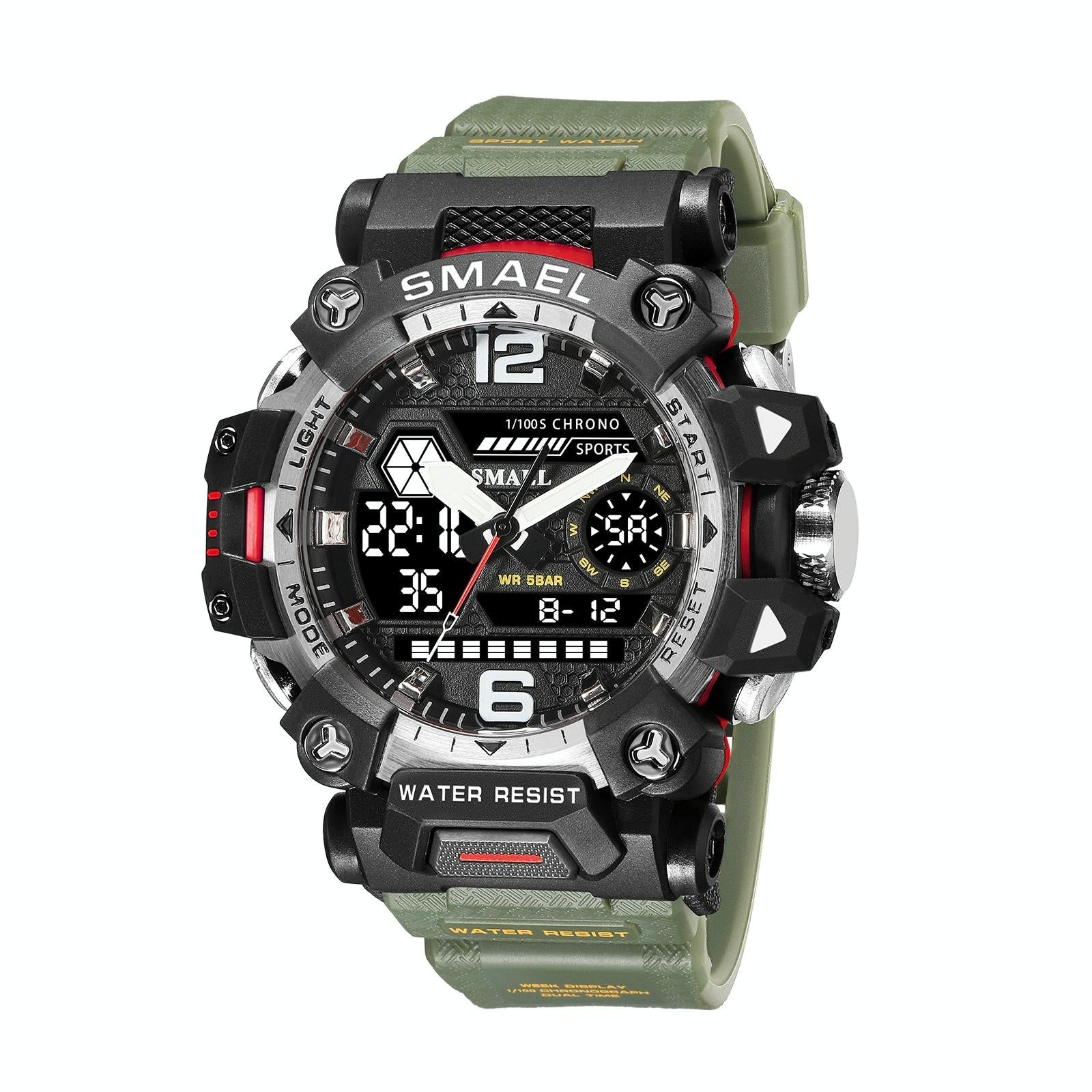 Waterproof Dual Display Outdoor Watch - Multifunctional Alloy for Men - Army Green