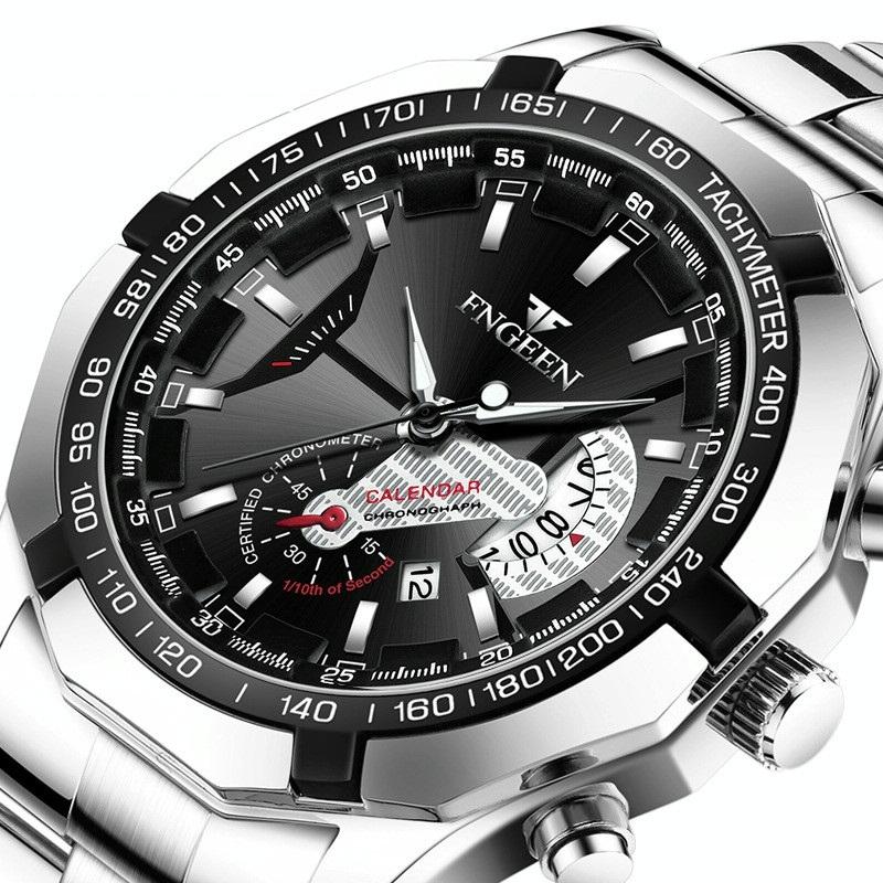 Waterproof Men Calendar Watch - Black Leather Black Steel Black Surface 3