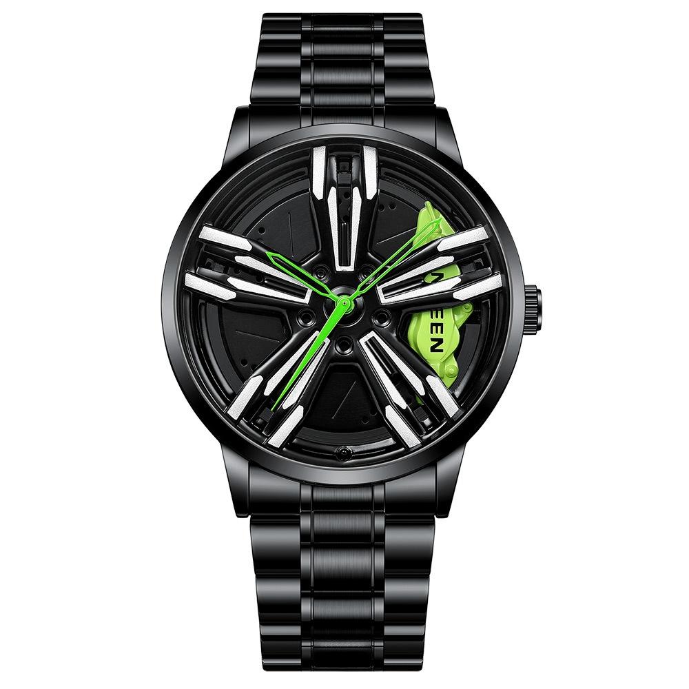 Men Metal Motorcycle Watch with Rotating Hub - White Net White Steel Green Surface