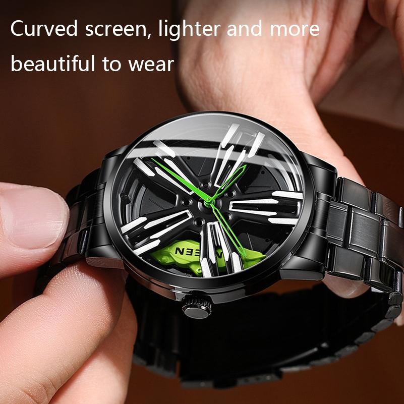 Men Metal Motorcycle Watch with Rotating Hub - White Net White Steel Green Surface 4