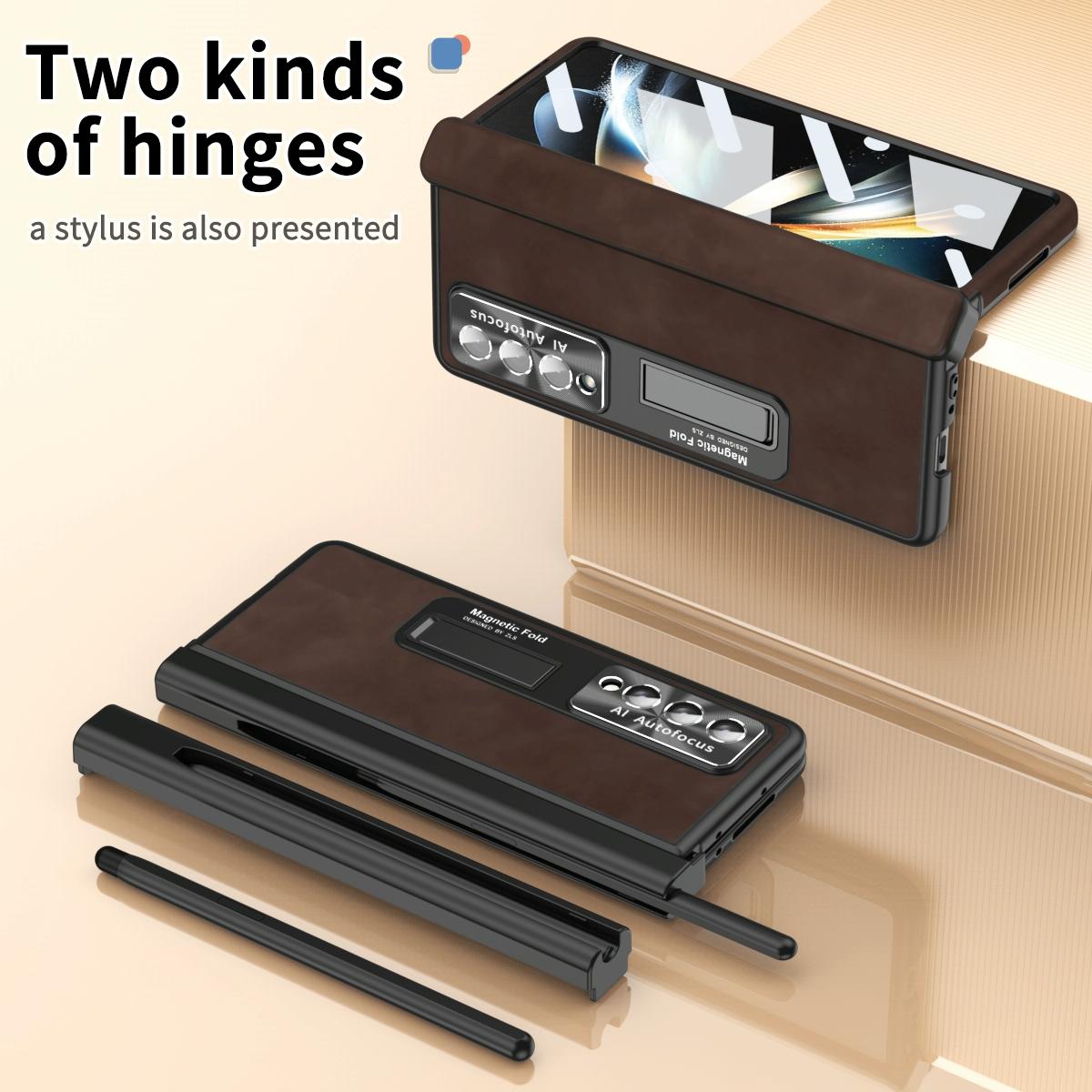 For Samsung Galaxy Z Fold4 5G Magnetic Phone Case - Napa Pattern - Brown 5