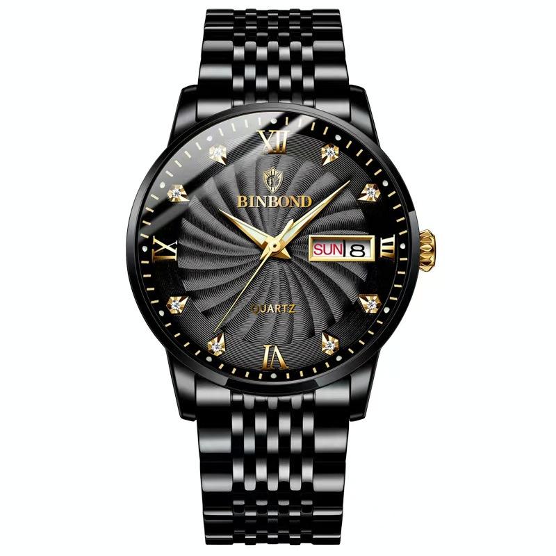 Waterproof Business Men Quartz Watch with Butterfly Buckle and Luminous Dial - 30m - Black Steel-Black-Gold Nail