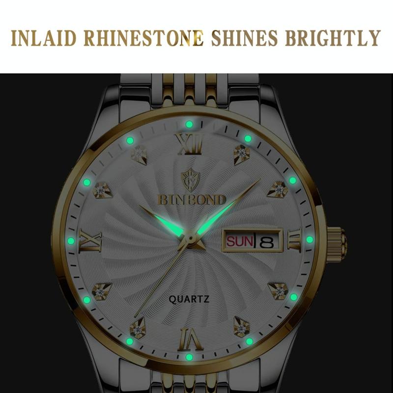 Waterproof Business Men Quartz Watch with Butterfly Buckle and Luminous Dial - 30m - Black Steel-Black-Gold Nail 5