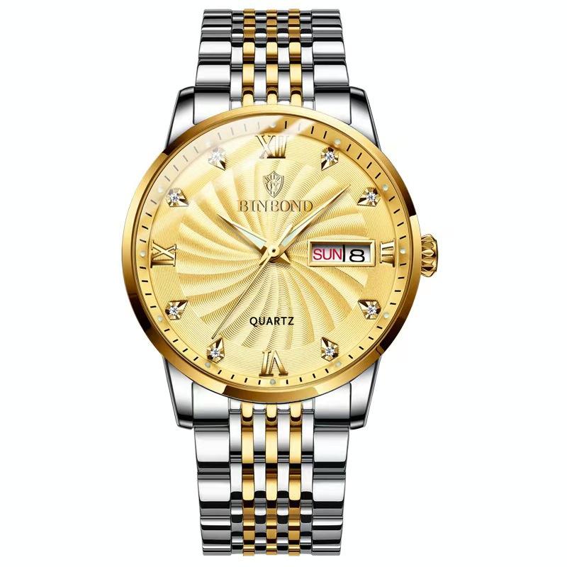 Waterproof Business Men Quartz Watch with Butterfly Buckle and Luminous Dial - 30m - Black Steel-Black-Gold Nail 12