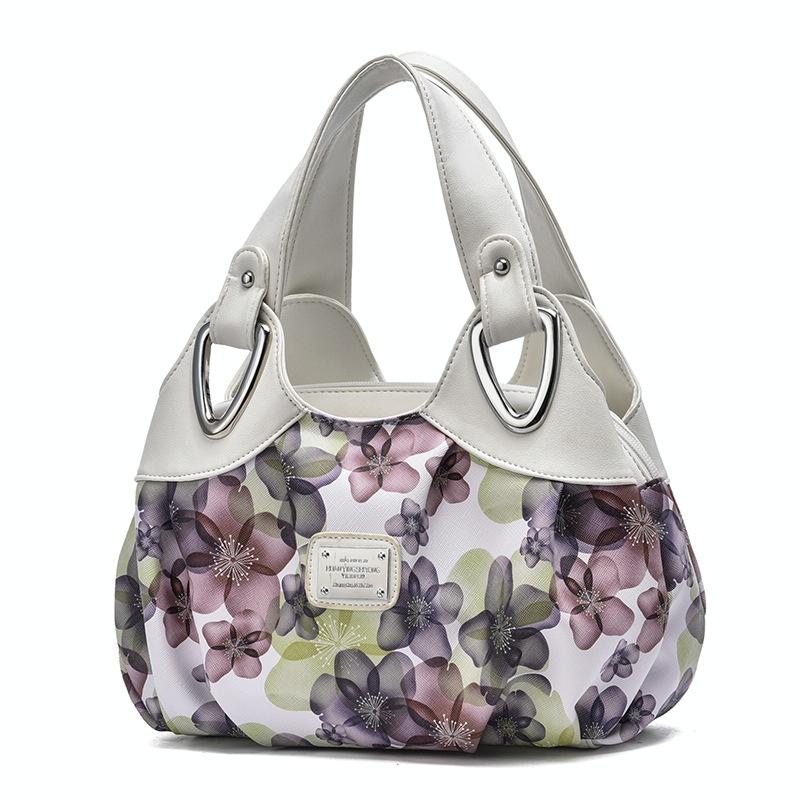 Soft Leather Women Handbag - Black Handle Purple Flower 14